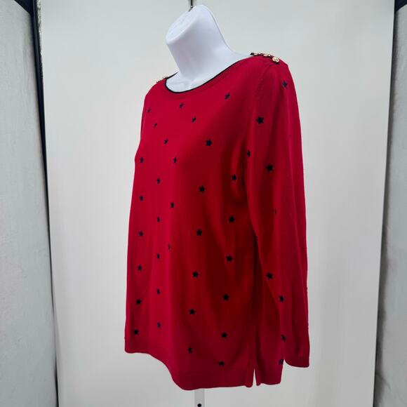 Talbots Petites Red Sweater Womens MP Embroidery Stars Button Shoulder Detail - Picture 2 of 9